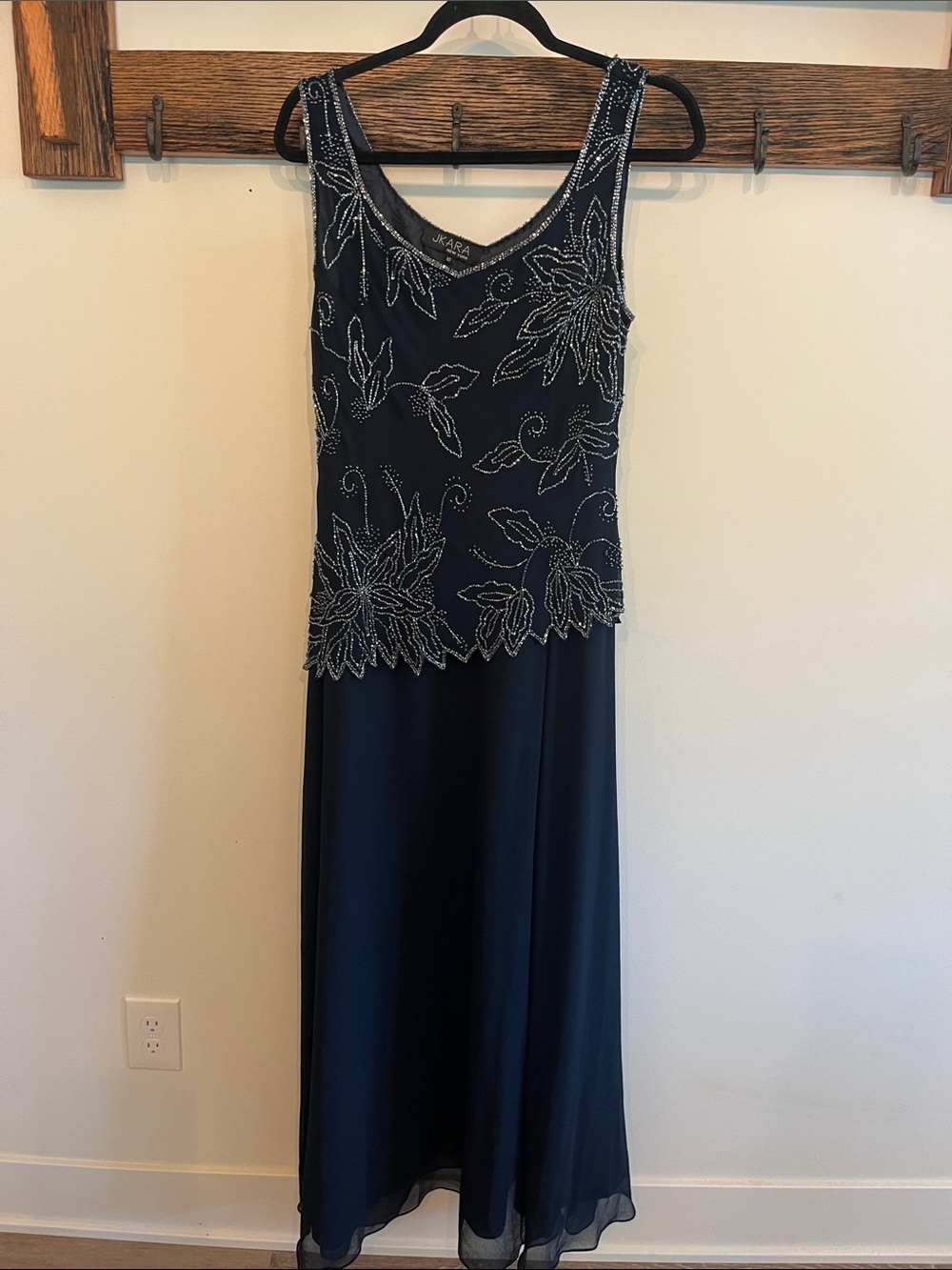 J Kara Navy Maxi Dress with Silver Beaded Floral Embellishment